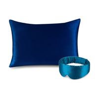 Pack soie de mûrier : taie d'oreiller marine et masque de nuit canard, sur fond blanc