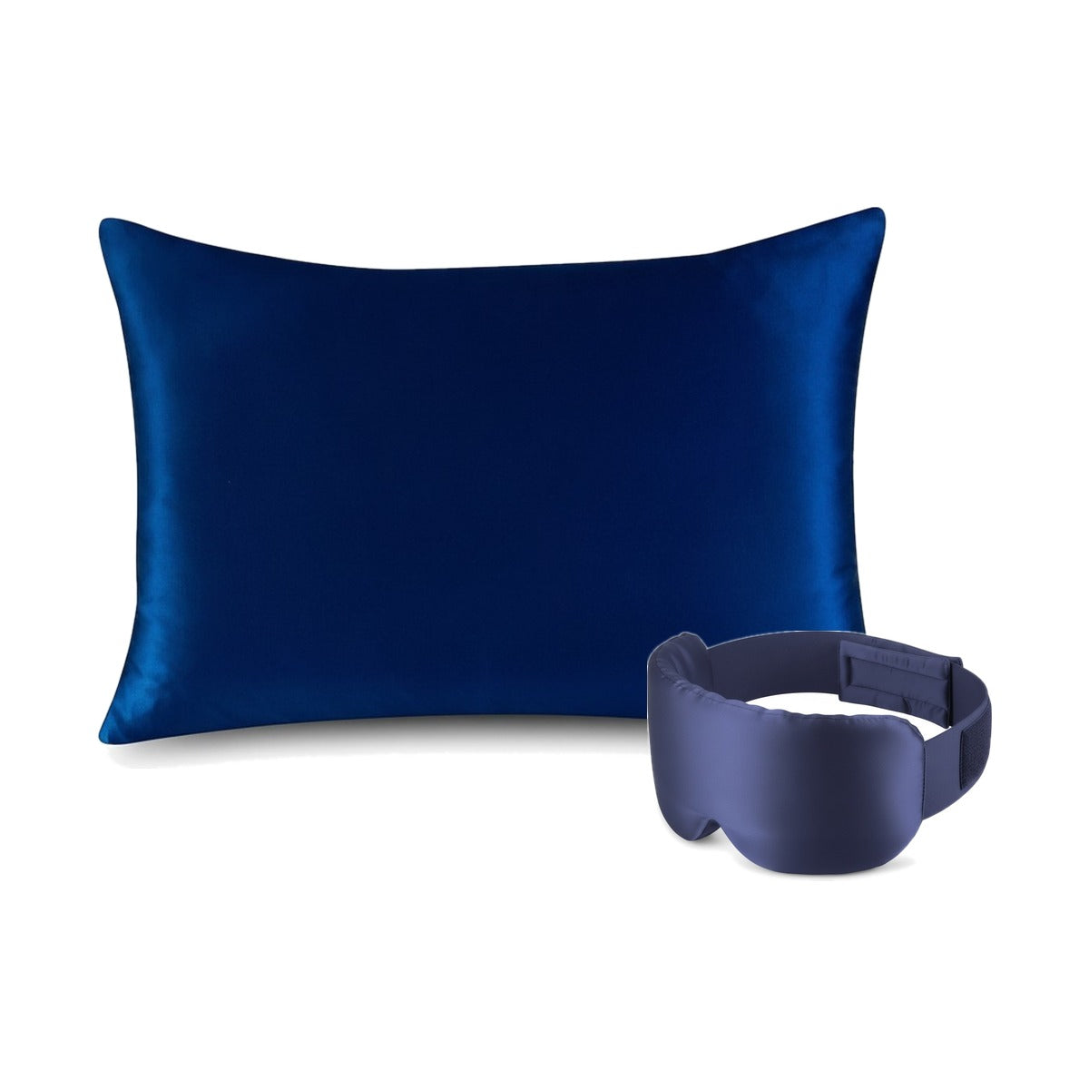Pack soie de mûrier : taie d'oreiller marine et masque de nuit marine, sur fond blanc