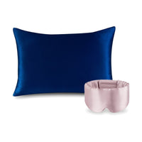 Pack soie de mûrier : taie d'oreiller marine et masque de nuit rose, sur fond blanc