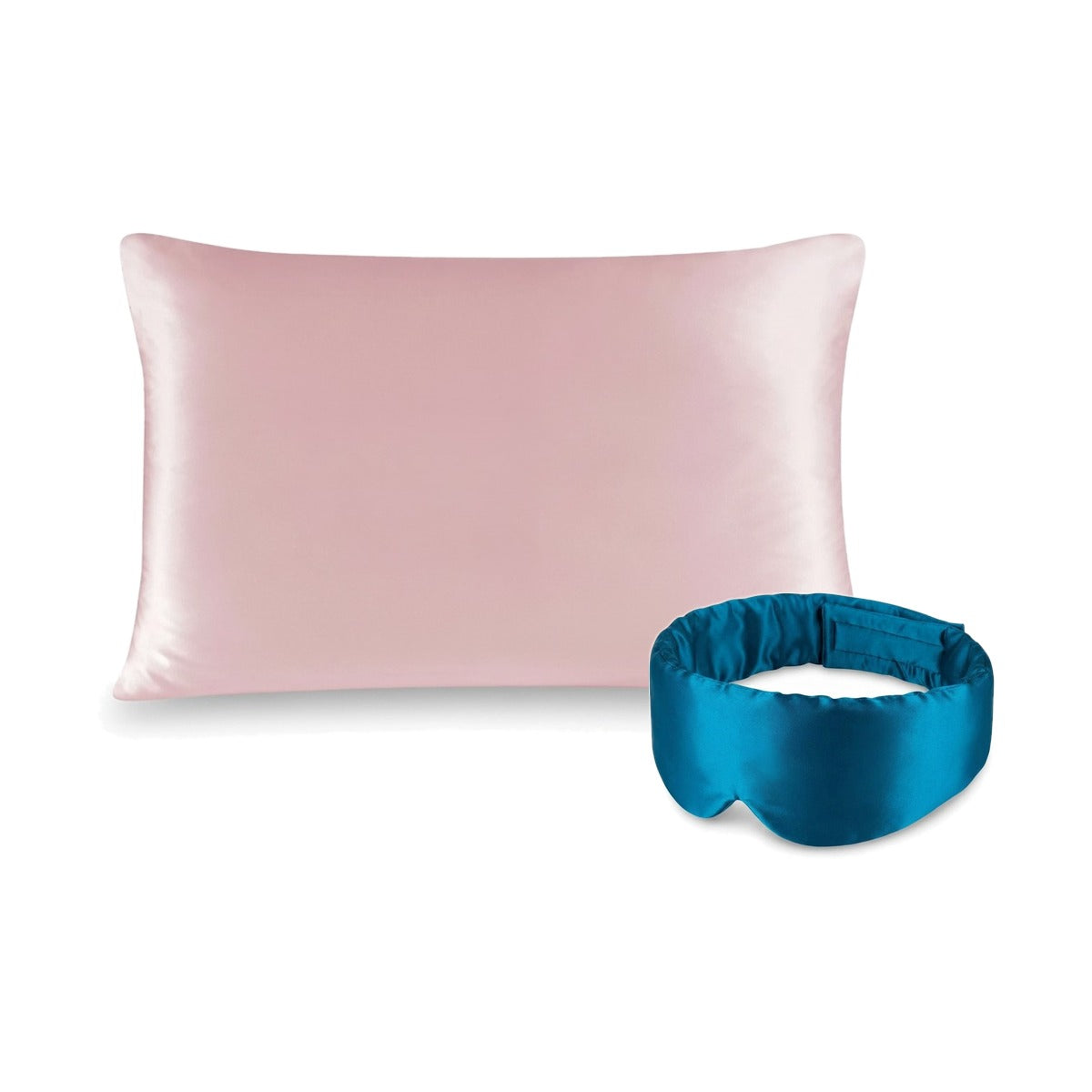 Pack soie de mûrier : taie d'oreiller rose et masque de nuit canard, sur fond blanc