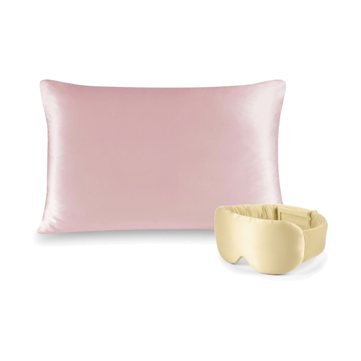Pack soie de mûrier : taie d'oreiller rose et masque de nuit champagne, sur fond blanc