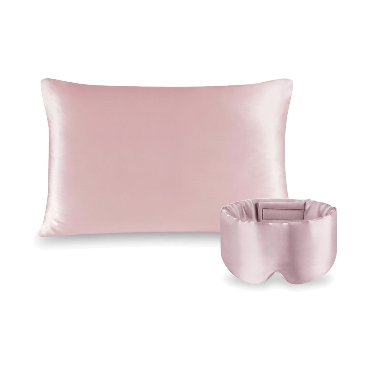 Pack soie de mûrier : taie d'oreiller rose et masque de nuit rose, sur fond blanc