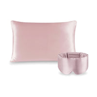 Pack soie de mûrier : taie d'oreiller rose et masque de nuit rose, sur fond blanc
