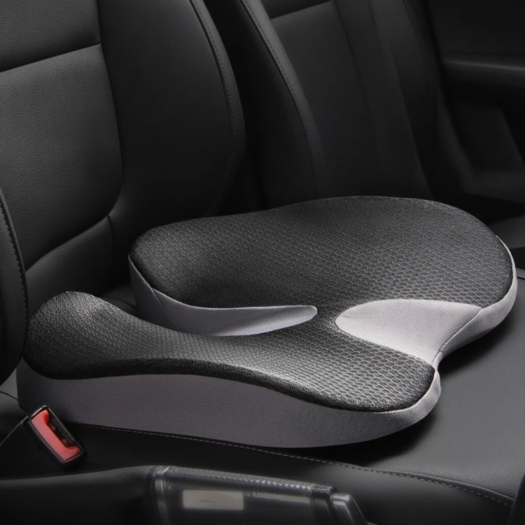 Coussin périnée à double ouverture noir et gris posé sur un siège conducteur