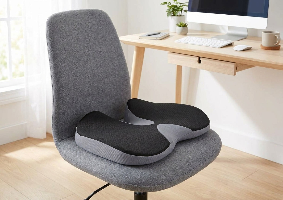 Coussin d’assise périnée à double ouverture posé sur une chaise de bureau