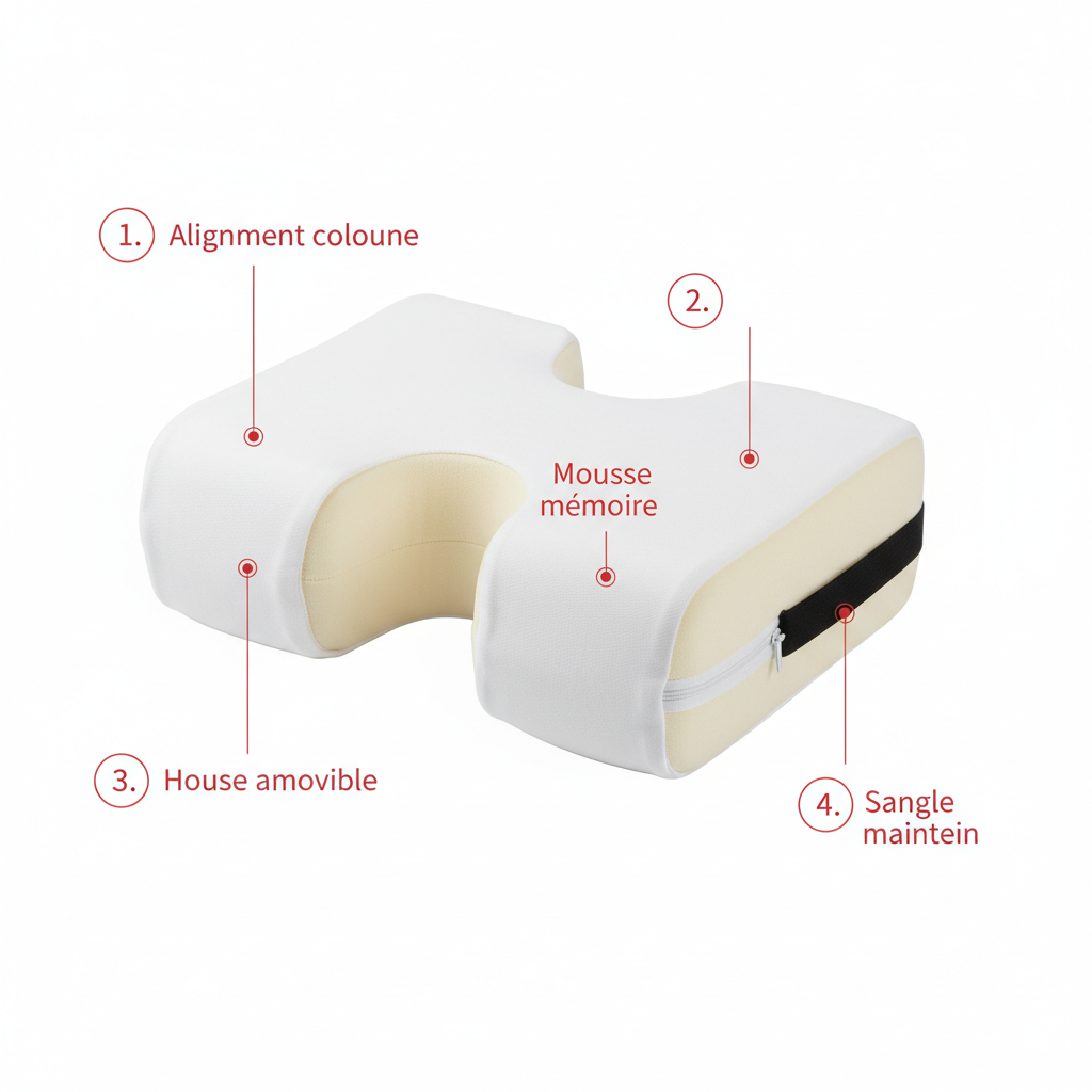 Infographie coussin de positionnement PositioRest montrant les 4 zones de bénéfice: alignement colonne, mousse mémoire, housse amovible, sangle maintien