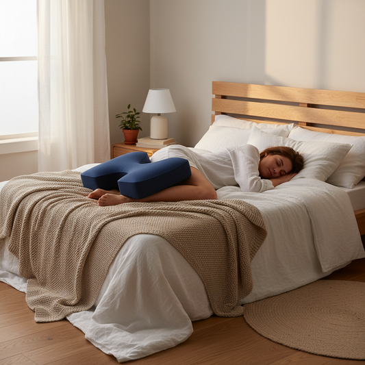 Personne dormant sur le côté avec coussin de positionnement PositioRest entre les genoux dans chambre scandinave