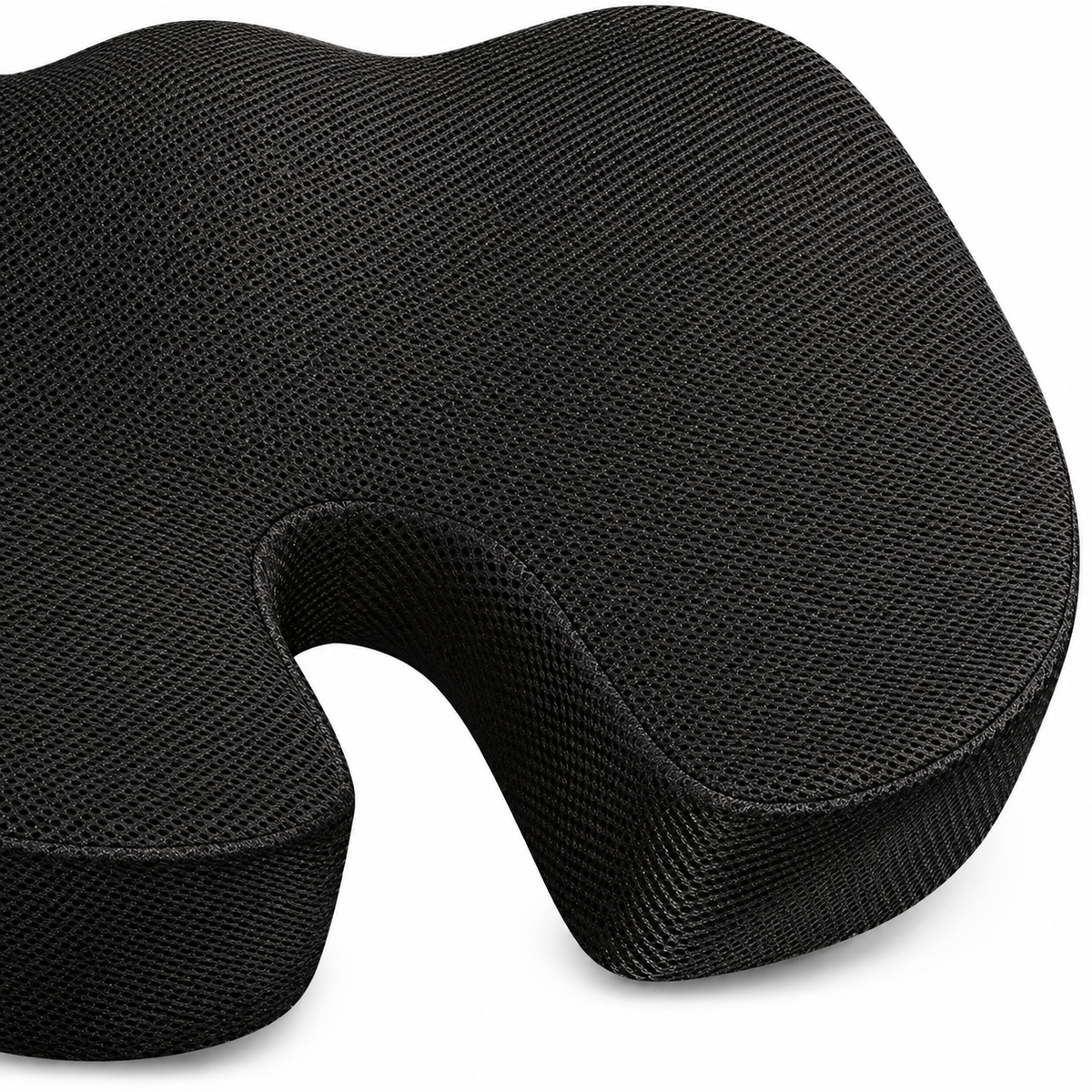 Détail de la maille noire et de la découpe du coussin PostureCore — visuel retouché