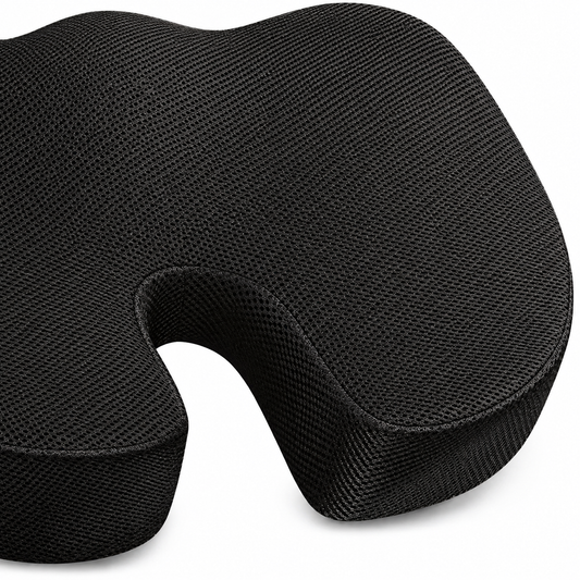 Détail de la maille noire et de la découpe du coussin PostureCore — visuel retouché