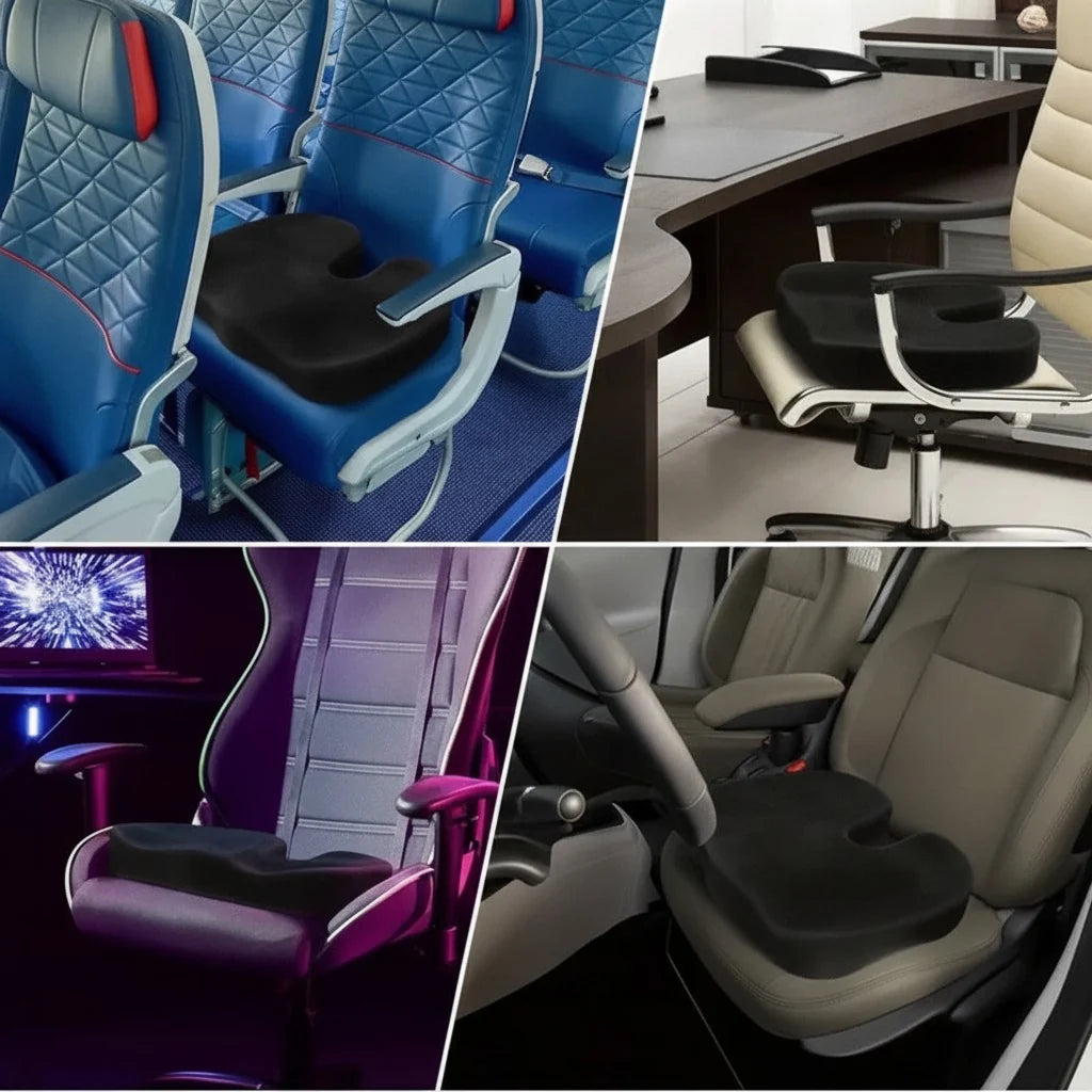Coussin PostureCore noir sur quatre sièges : avion, bureau, fauteuil gaming et voiture