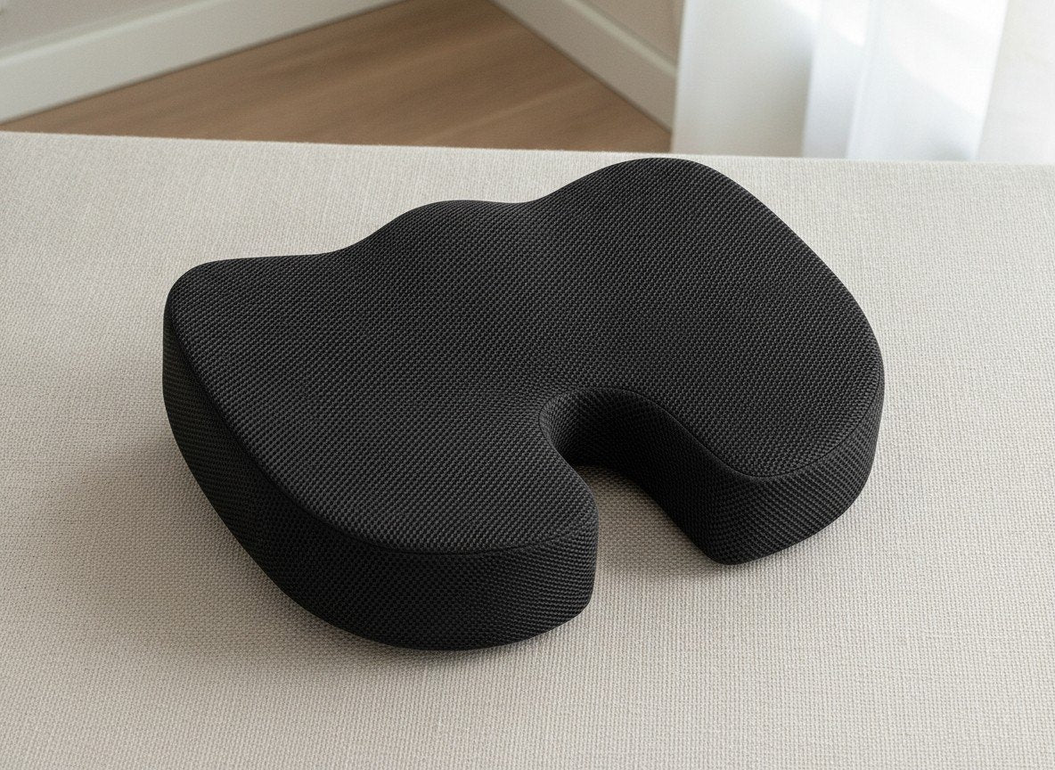 Coussin PostureCore vu de dessus : découpe en U et maille respirante