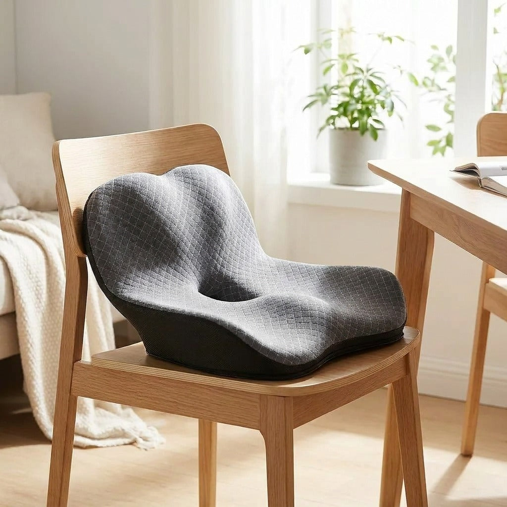 Coussin ReliefCore avec appui arrière intégré posé sur une chaise de salle à manger