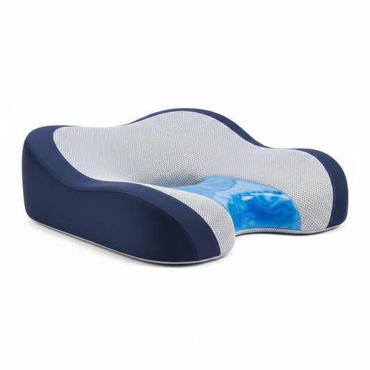 Visuel numérique d'un coussin profilé bleu et gris avec insert bleu rectangulaire au centre