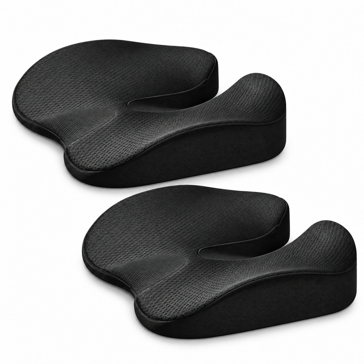 Duo SciatiGuard noir : deux coussins d’assise identiques sur fond blanc — composition à partir du visuel du modèle