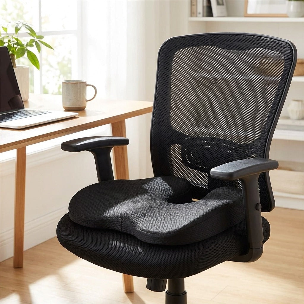 Coussin SciatiGuard noir à découpe en U posé sur une chaise de bureau