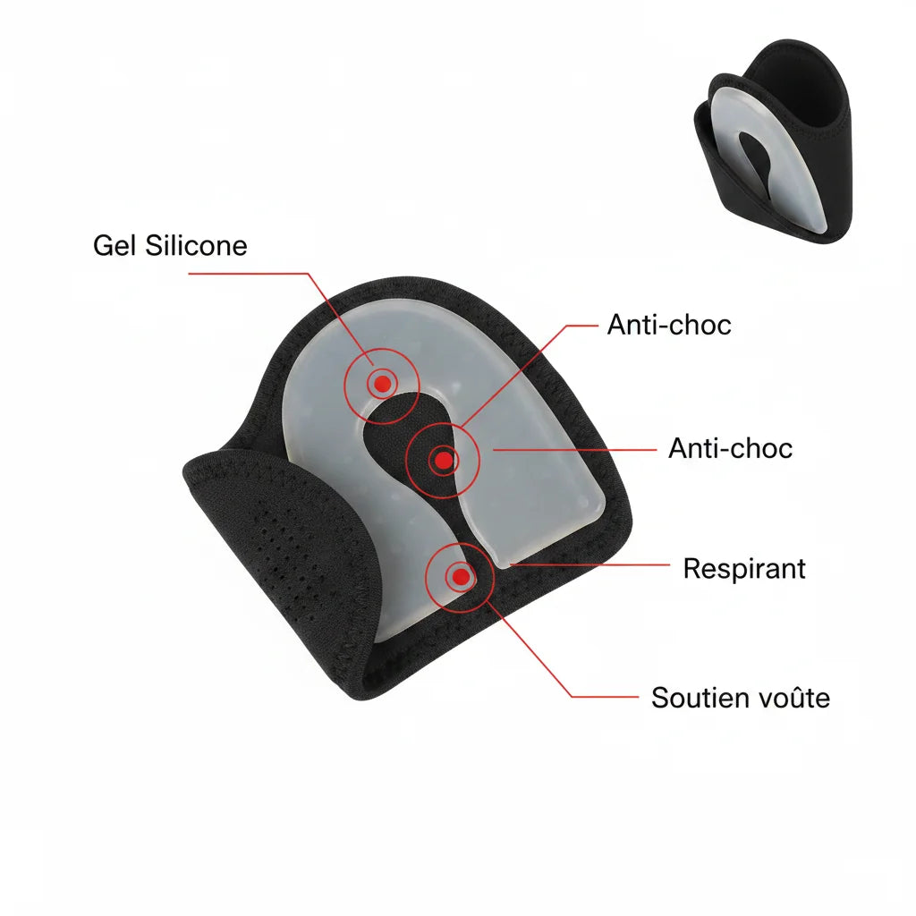 Schéma zones de soutien semelle CalcaRelief — gel silicone anti-choc respirant
