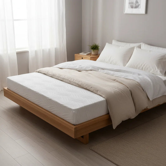 Surmatelas mémoire de forme en utilisation sur lit Scandinave — sommeil réparateur | Ergosia