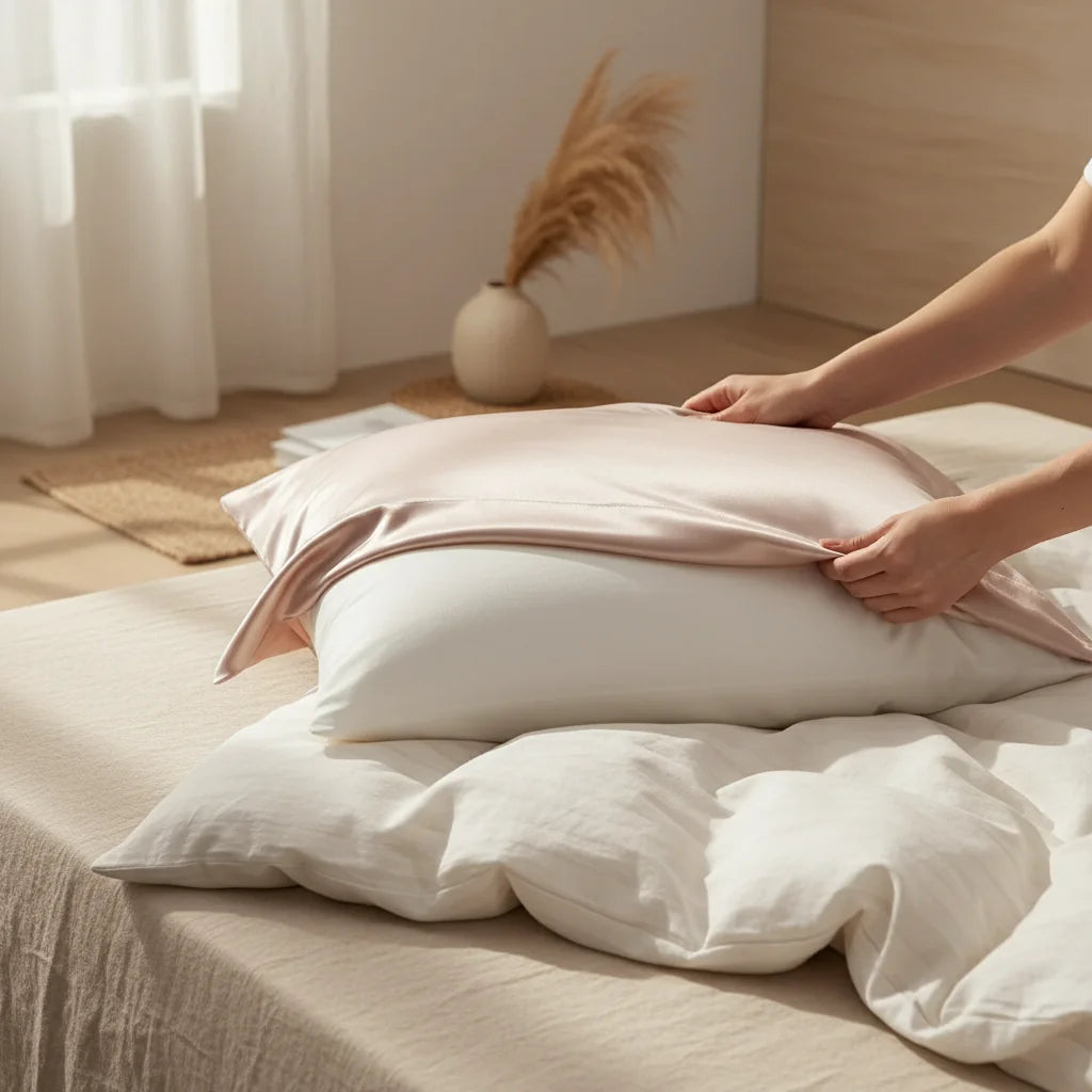 Taie d'oreiller soie en utilisation sur lit | Ergosia