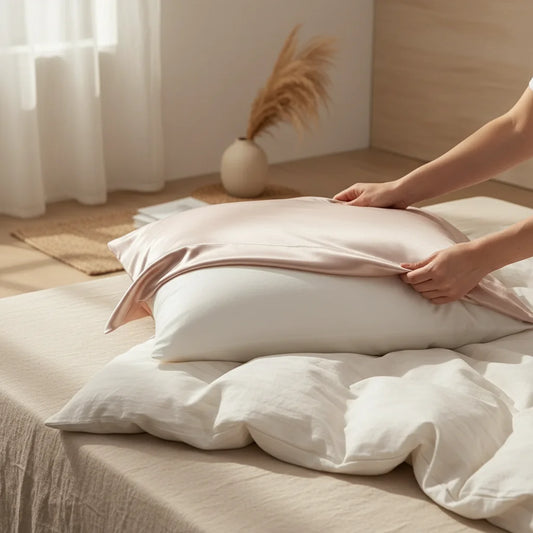 Taie d'oreiller soie en utilisation sur lit | Ergosia