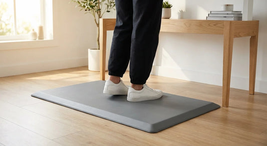 Tapis anti-fatigue debout bureau ergonomique en utilisation | Ergosia