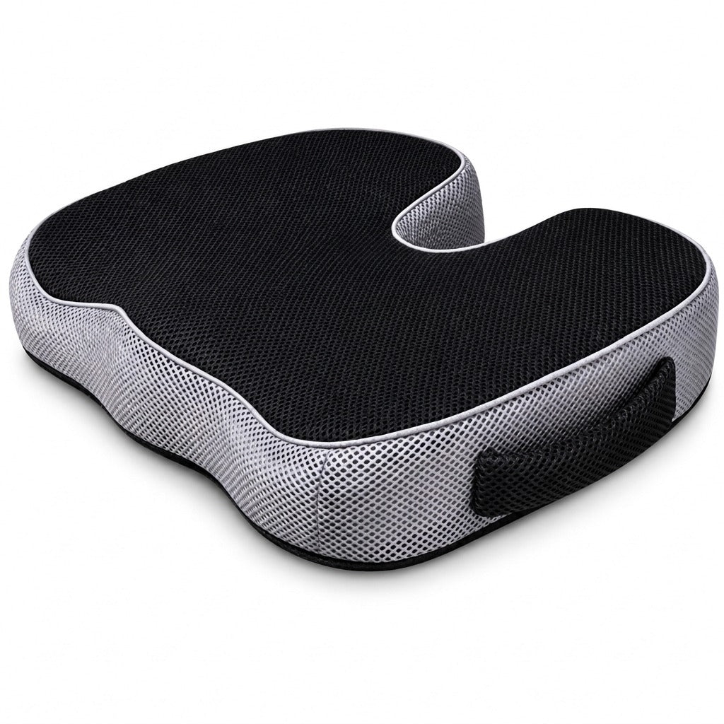 Coussin d’assise VibraSorb noir et gris avec poignée sur fond blanc